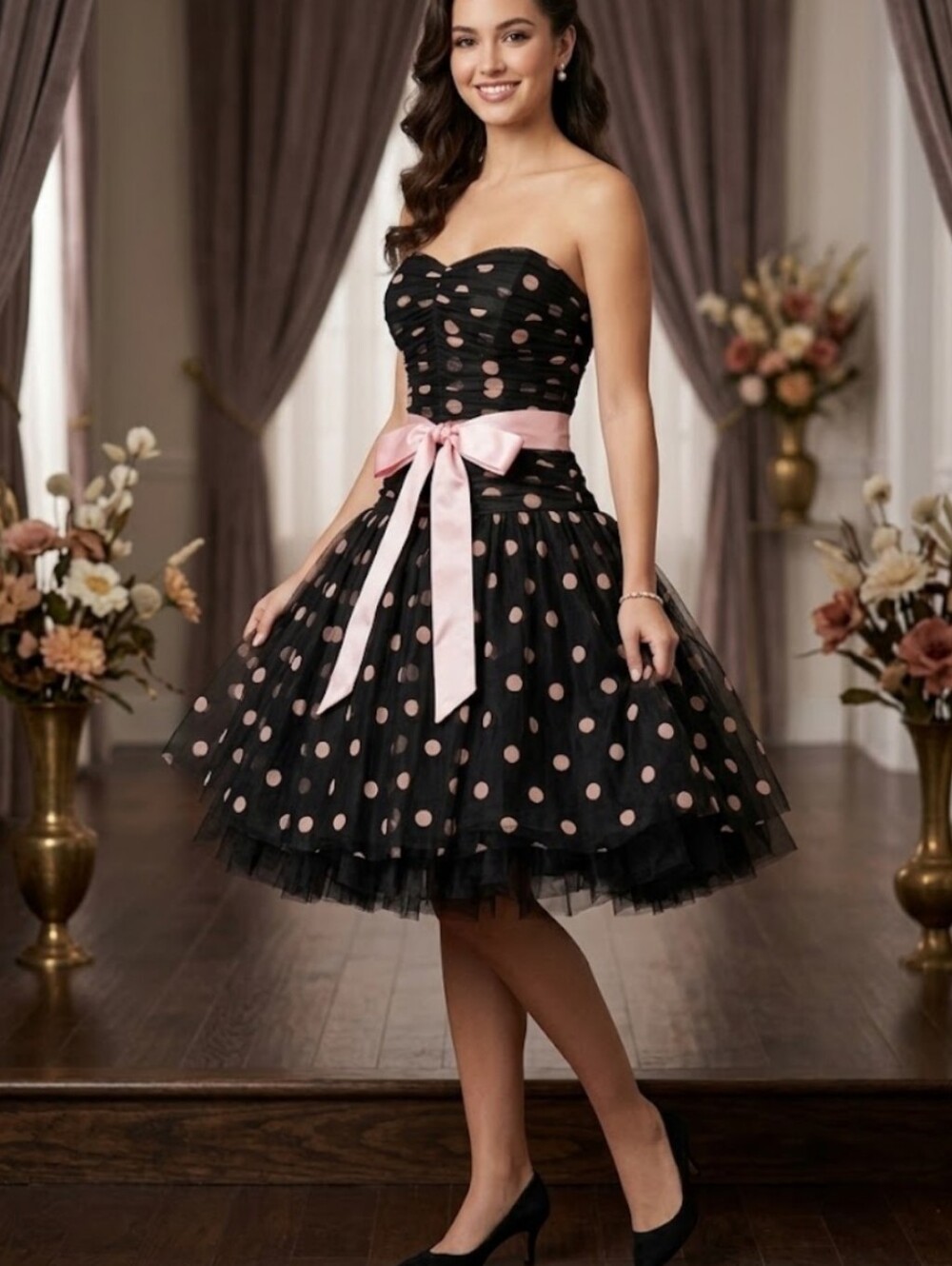 Vintage Jessica McClintock for Gunne Sax Pink Polka Dot Black Mini Dress, S/M